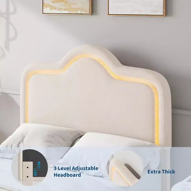 Twin Size Bed Frame, Headboard and Footboard, Velvet Upholstered Princess Platform Bedframe for Kids, Wooden Slats Support, No Box Spring Needed