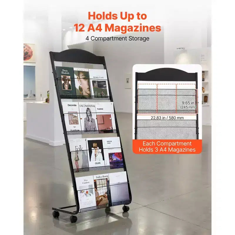 VEVOR Brochure Display Rack, 4-Tier Magazine Literature Display Stand with Wheels, Movable Floor Standing Magazine Rack, Black
