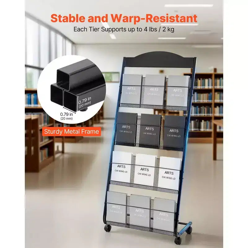 VEVOR Brochure Display Rack, 4-Tier Magazine Literature Display Stand with Wheels, Movable Floor Standing Magazine Rack, Black