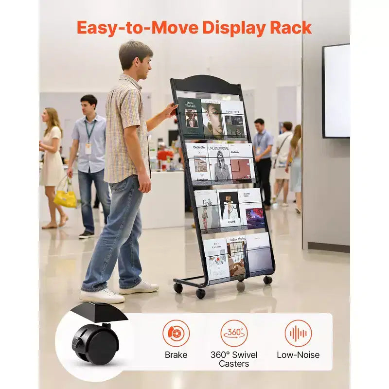 VEVOR Brochure Display Rack, 4-Tier Magazine Literature Display Stand with Wheels, Movable Floor Standing Magazine Rack, Black