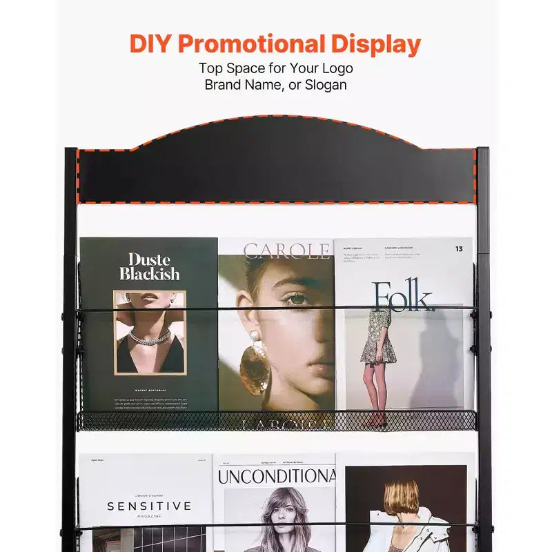 VEVOR Brochure Display Rack, 4-Tier Magazine Literature Display Stand with Wheels, Movable Floor Standing Magazine Rack, Black