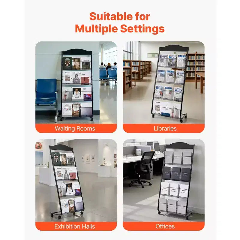 VEVOR Brochure Display Rack, 4-Tier Magazine Literature Display Stand with Wheels, Movable Floor Standing Magazine Rack, Black