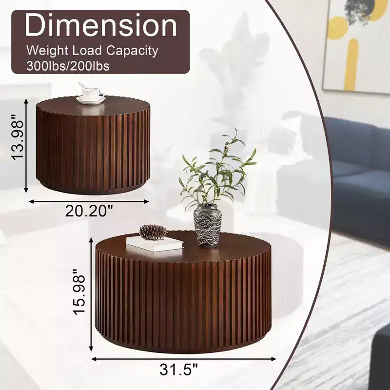 EHMKNP Nesting Coffee Table Set of 2  Handcrafted Round Drum Coffee Table & Matching Small End Table