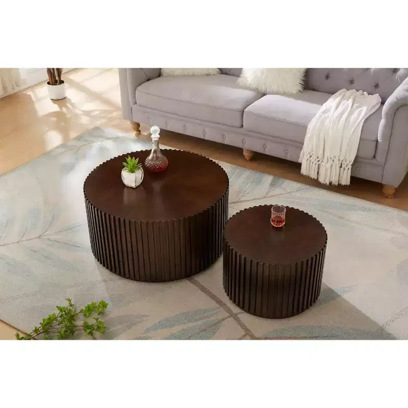EHMKNP Nesting Coffee Table Set of 2  Handcrafted Round Drum Coffee Table & Matching Small End Table