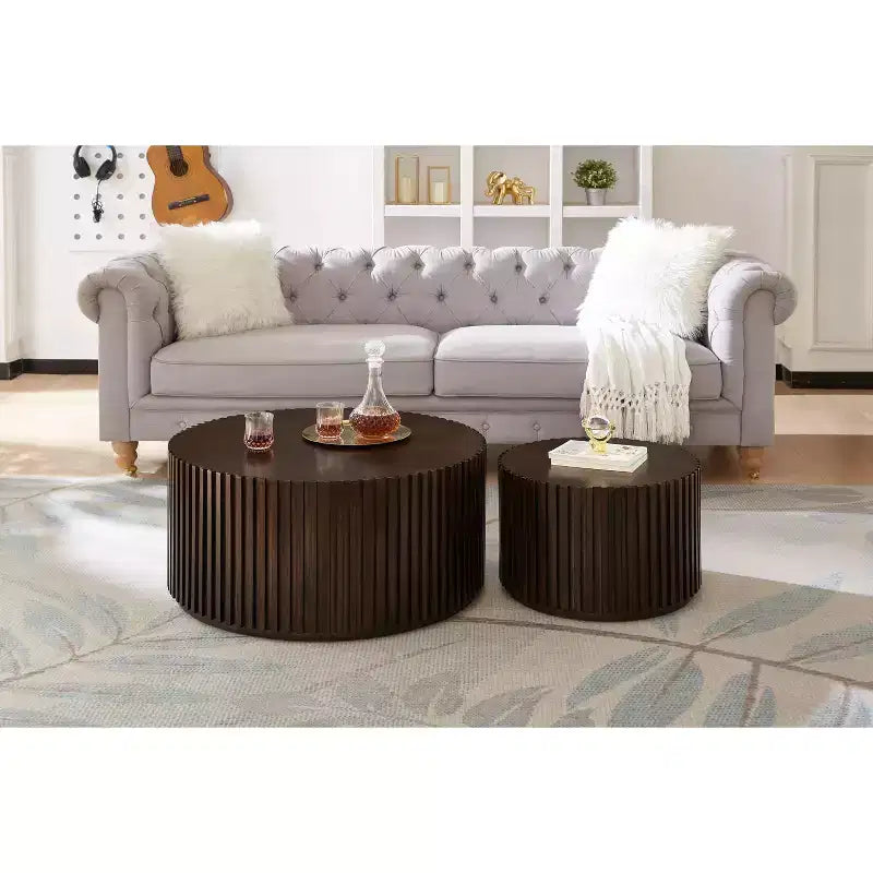 EHMKNP Nesting Coffee Table Set of 2  Handcrafted Round Drum Coffee Table & Matching Small End Table