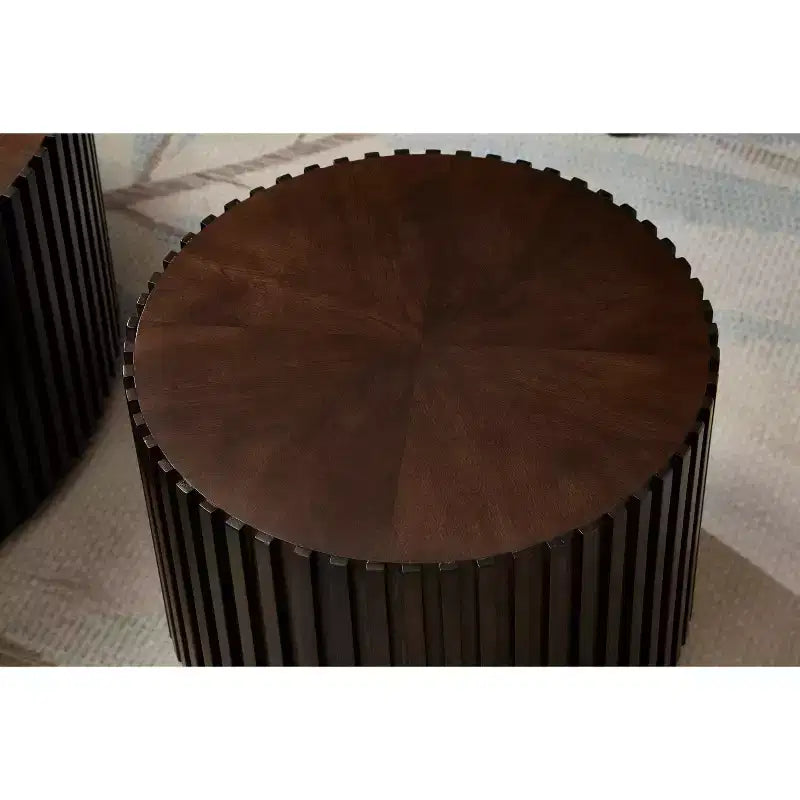 EHMKNP Nesting Coffee Table Set of 2  Handcrafted Round Drum Coffee Table & Matching Small End Table