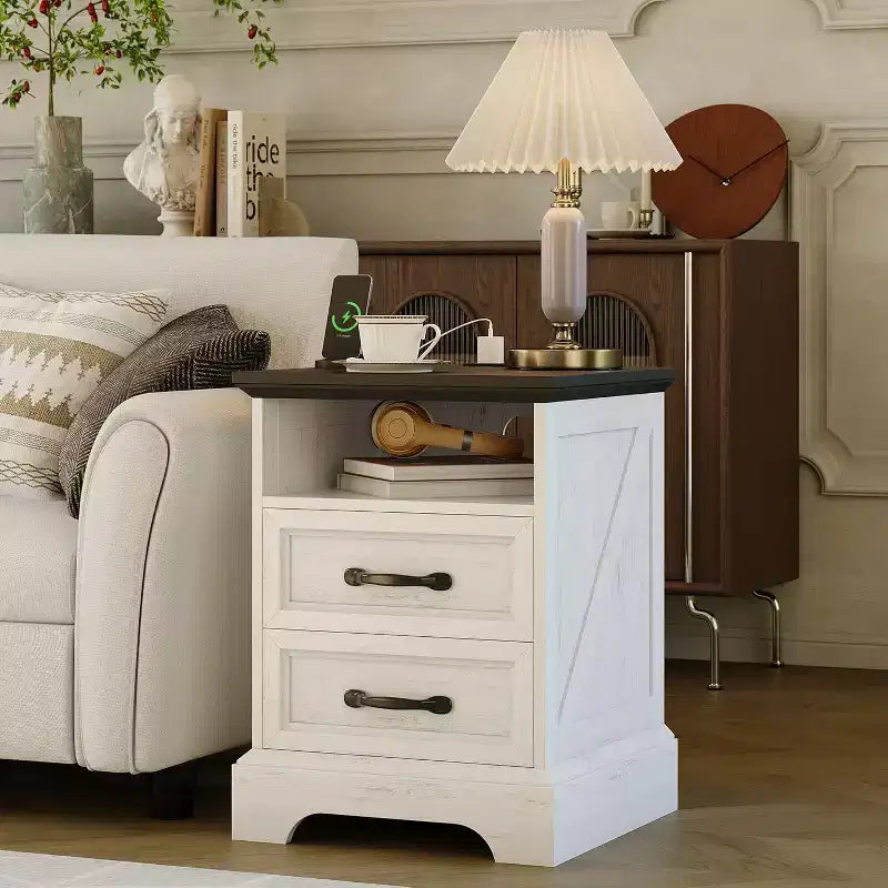 Acekool Farmhouse Rustic Nightstand with Charging Station, Modern Wood Bedside Table with 2 Drawers & Open Shelf, White Accent End Table
