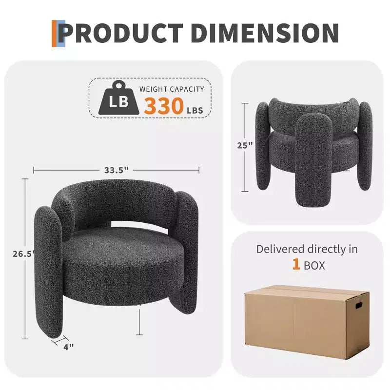 Modern Chenille Accent Armchair Mid-Century Upholstery, Round Corners for Living Room, Bedroom, Office, or CafeGrey