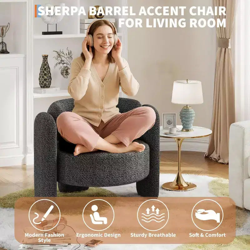 Modern Chenille Accent Armchair Mid-Century Upholstery, Round Corners for Living Room, Bedroom, Office, or CafeGrey
