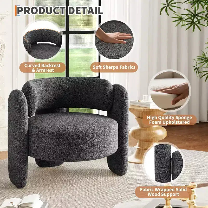 Modern Chenille Accent Armchair Mid-Century Upholstery, Round Corners for Living Room, Bedroom, Office, or CafeGrey