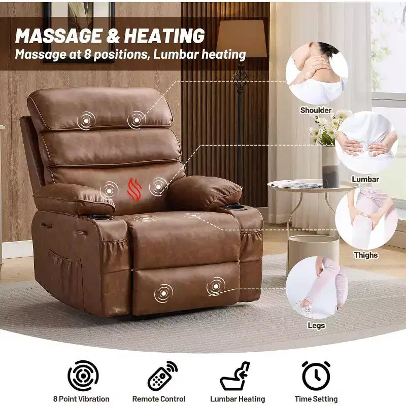 Acekool Power Recliner Chair PU, Wide Seat Massage Heat Electric Recliner with Cup Holder for Bedroom