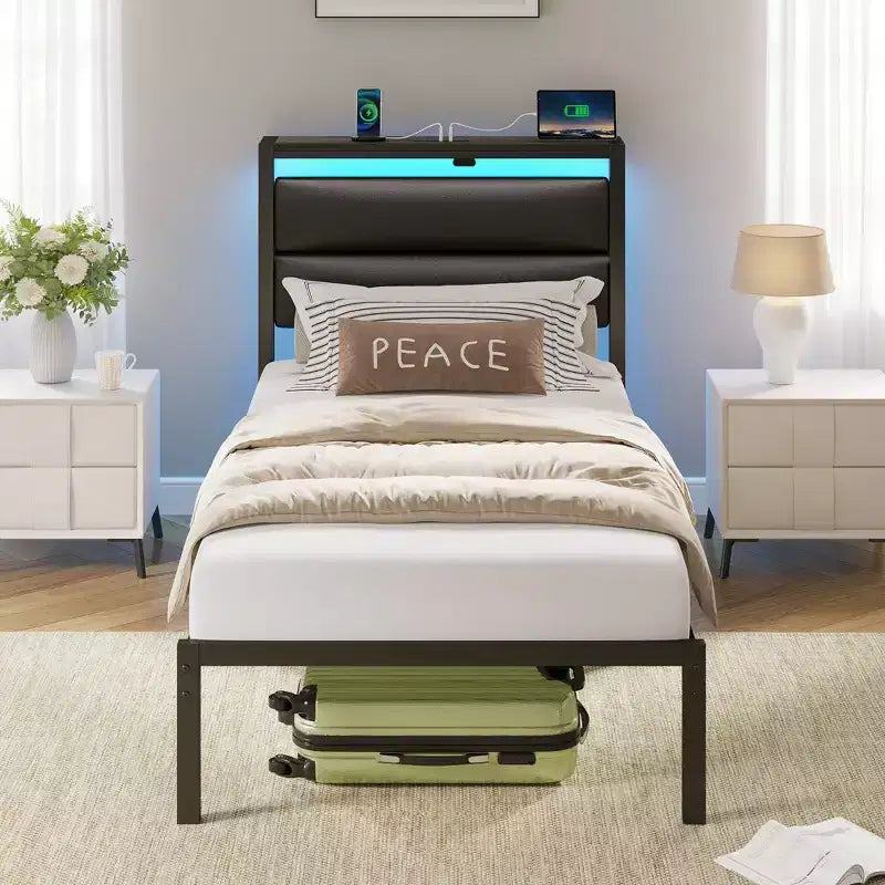 Greenstell Platform Bed with Upholstere Headboard and Charging Station, Corduroy Upholstered Bed Frame with LED Lights