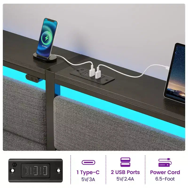 Greenstell Platform Bed with Upholstere Headboard and Charging Station, Corduroy Upholstered Bed Frame with LED Lights