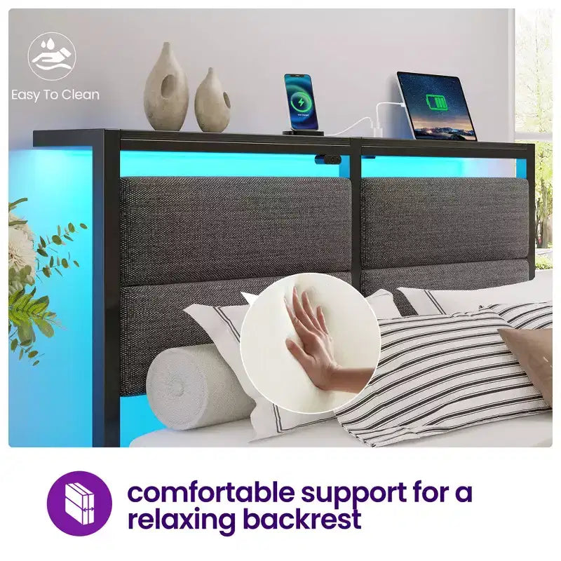 Greenstell Platform Bed with Upholstere Headboard and Charging Station, Corduroy Upholstered Bed Frame with LED Lights