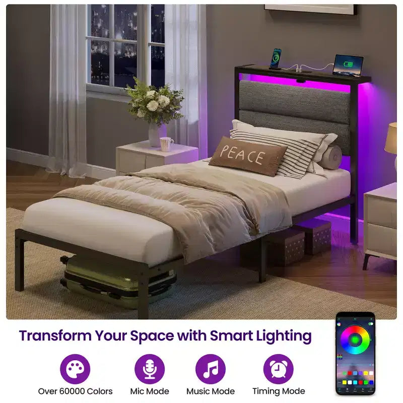 Greenstell Platform Bed with Upholstere Headboard and Charging Station, Corduroy Upholstered Bed Frame with LED Lights