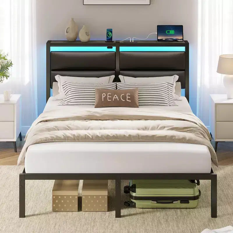 Greenstell Platform Bed with Upholstere Headboard and Charging Station, Corduroy Upholstered Bed Frame with LED Lights