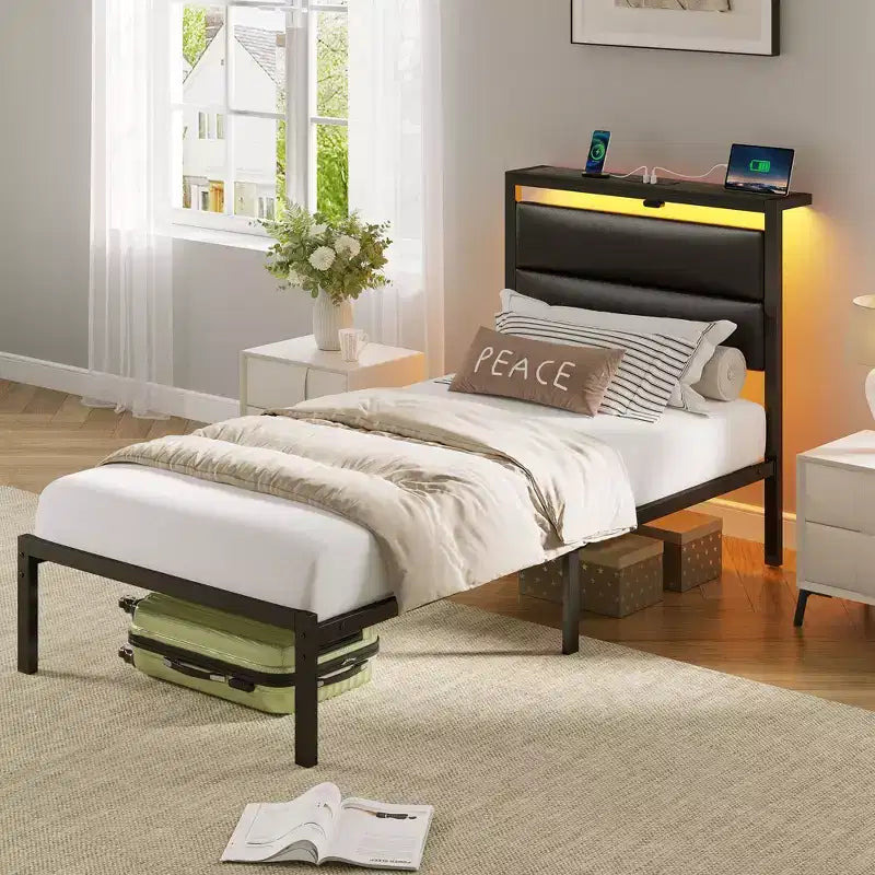 Greenstell Platform Bed with Upholstere Headboard and Charging Station, Corduroy Upholstered Bed Frame with LED Lights