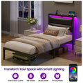Greenstell Platform Bed with Upholstere Headboard and Charging Station, Corduroy Upholstered Bed Frame with LED Lights