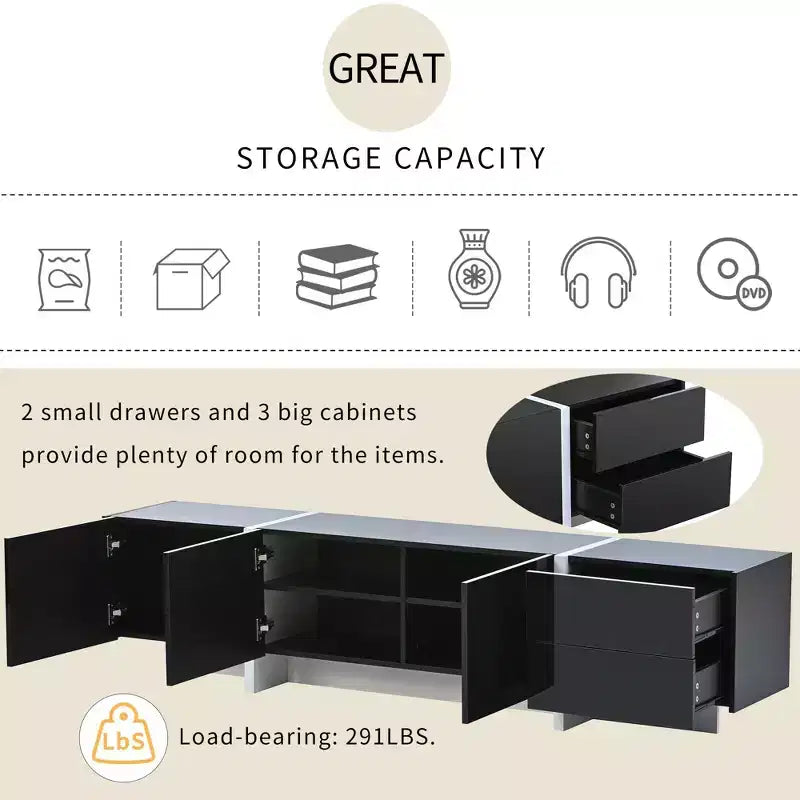 TUYOHW Modern TV Stand with High Gloss UV Surface for TVs up to 80 Inches,Entertainment Center with 3 Cabinets and 2 Drawers,Black