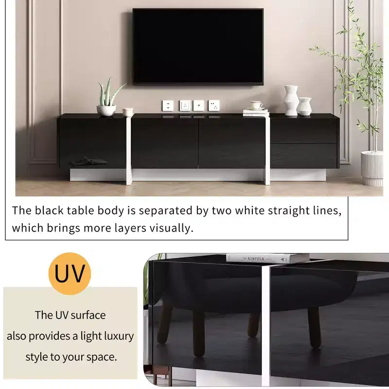 TUYOHW Modern TV Stand with High Gloss UV Surface for TVs up to 80 Inches,Entertainment Center with 3 Cabinets and 2 Drawers,Black