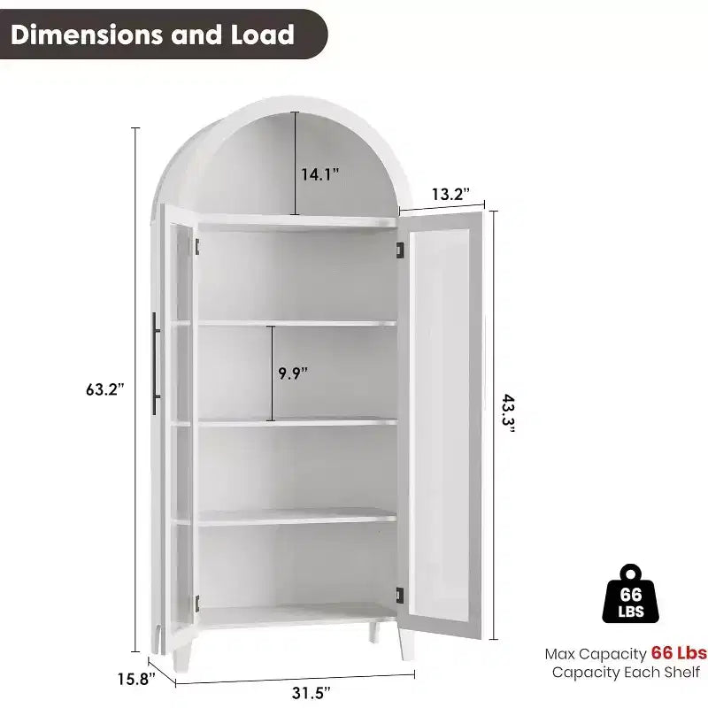 Acekool Arched Glass Door Cabinet , Bookcase Storage Cabinet with Glass Doors and Adjustable Shelf for Entryway