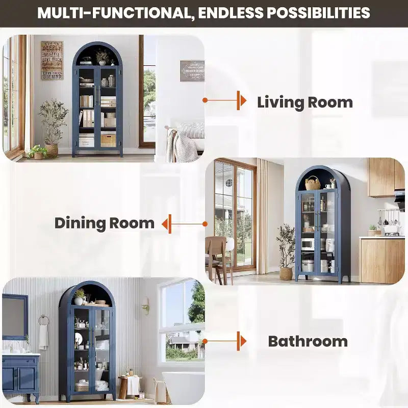 Acekool Arched Glass Door Cabinet , Bookcase Storage Cabinet with Glass Doors and Adjustable Shelf for Entryway