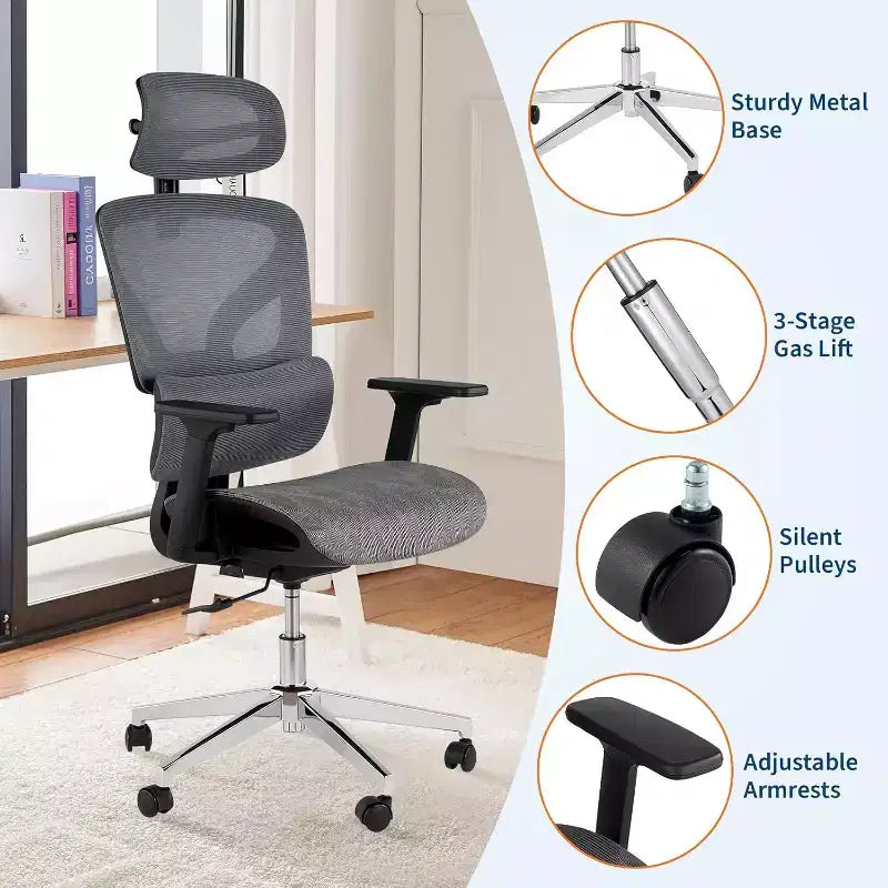 Acekool Ergonomic High Back Mesh Office Chair, 4D Armrest, Adjustable Lumbar & Seat Depth, Home Office
