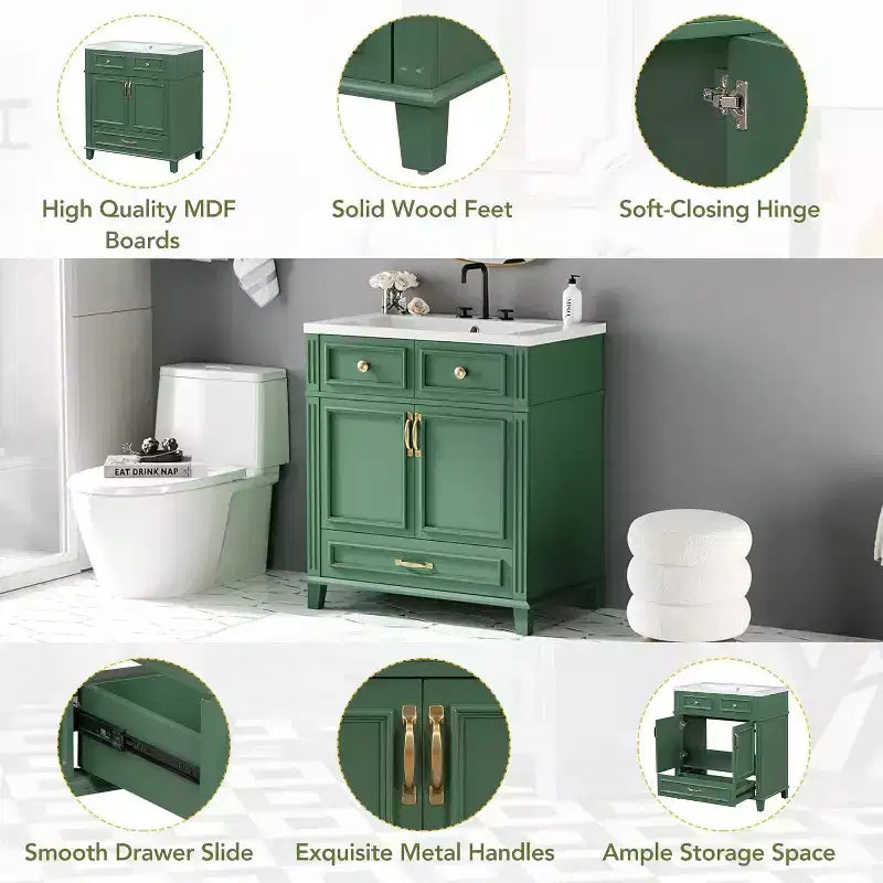 30 Inch White Bathroom Vanity with Sink 30 Sink Cabinet with Storage Cabinet & Bottom Drawer, Solid Wood Frame, Drop-in Countertop
