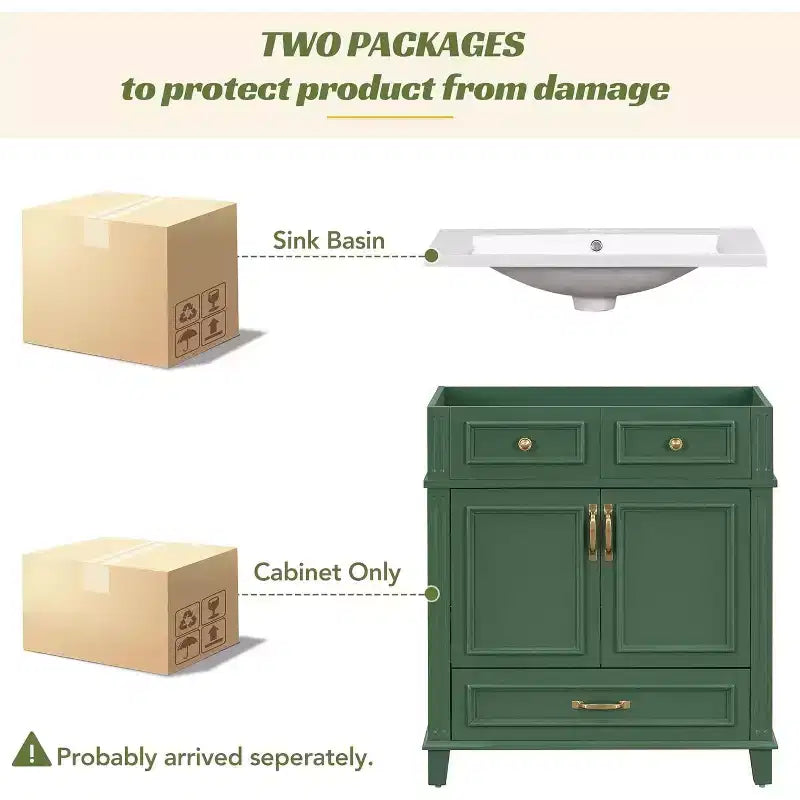 30 Inch White Bathroom Vanity with Sink 30 Sink Cabinet with Storage Cabinet & Bottom Drawer, Solid Wood Frame, Drop-in Countertop
