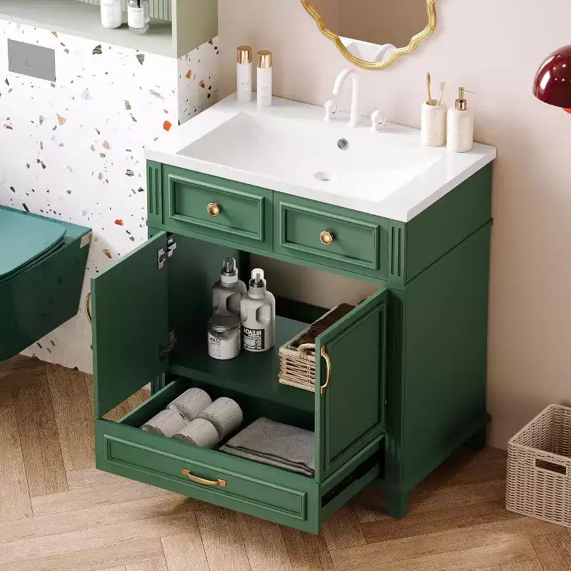 30 Inch White Bathroom Vanity with Sink 30 Sink Cabinet with Storage Cabinet & Bottom Drawer, Solid Wood Frame, Drop-in Countertop