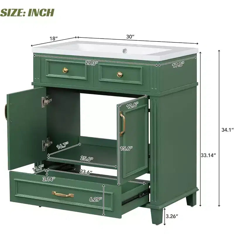 30 Inch White Bathroom Vanity with Sink 30 Sink Cabinet with Storage Cabinet & Bottom Drawer, Solid Wood Frame, Drop-in Countertop