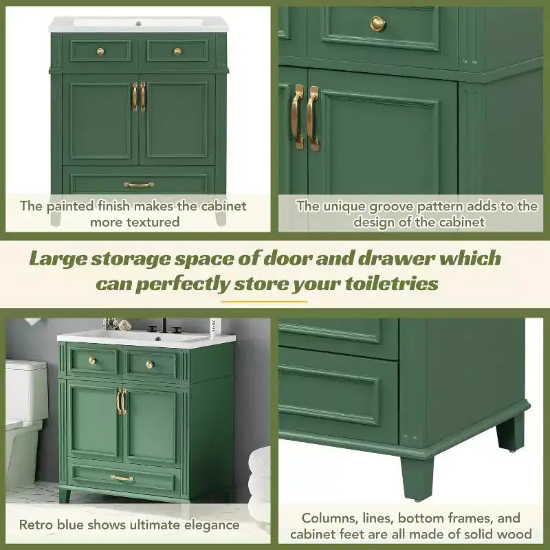 30 Inch White Bathroom Vanity with Sink 30 Sink Cabinet with Storage Cabinet & Bottom Drawer, Solid Wood Frame, Drop-in Countertop