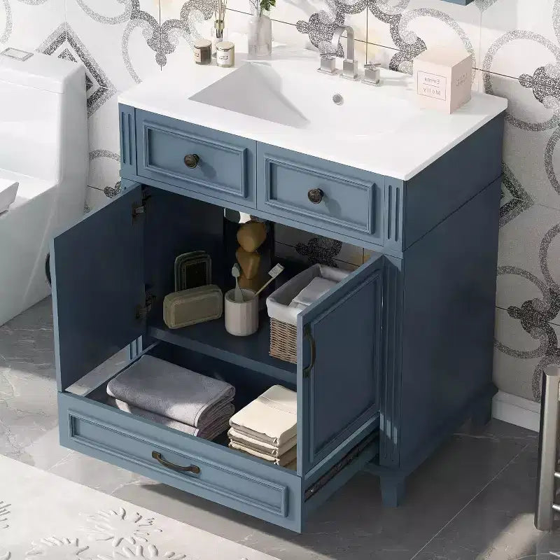 30 Inch White Bathroom Vanity with Sink 30 Sink Cabinet with Storage Cabinet & Bottom Drawer, Solid Wood Frame, Drop-in Countertop