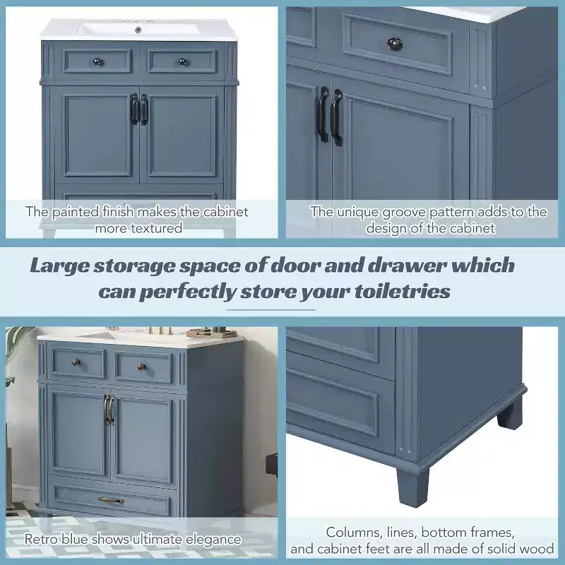 30 Inch White Bathroom Vanity with Sink 30 Sink Cabinet with Storage Cabinet & Bottom Drawer, Solid Wood Frame, Drop-in Countertop