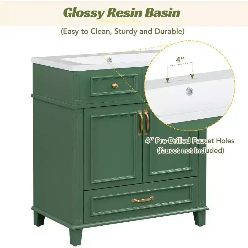 30 Inch White Bathroom Vanity with Sink 30 Sink Cabinet with Storage Cabinet & Bottom Drawer, Solid Wood Frame, Drop-in Countertop