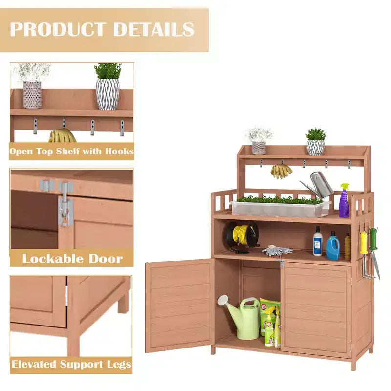 Outdoor Potting Bench Table, Garden Work Bench with 5 Hangers, Bottom Large Storage Cabinet, Top Shelves, Wooden Workstation Potting Table Brown