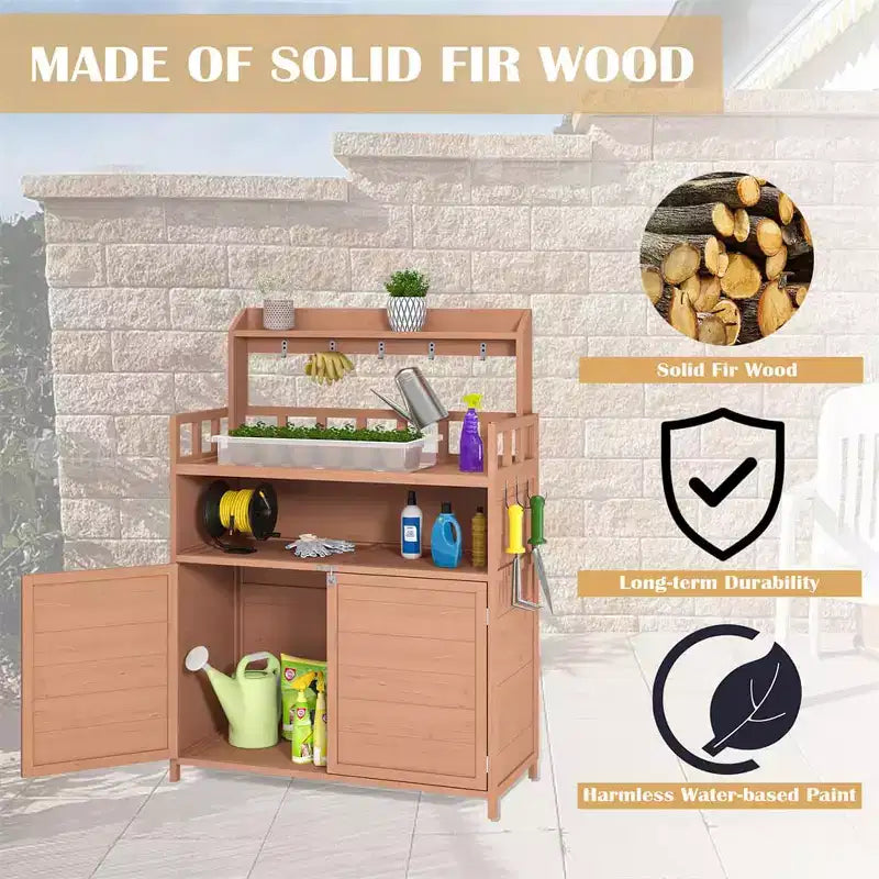 Outdoor Potting Bench Table, Garden Work Bench with 5 Hangers, Bottom Large Storage Cabinet, Top Shelves, Wooden Workstation Potting Table Brown