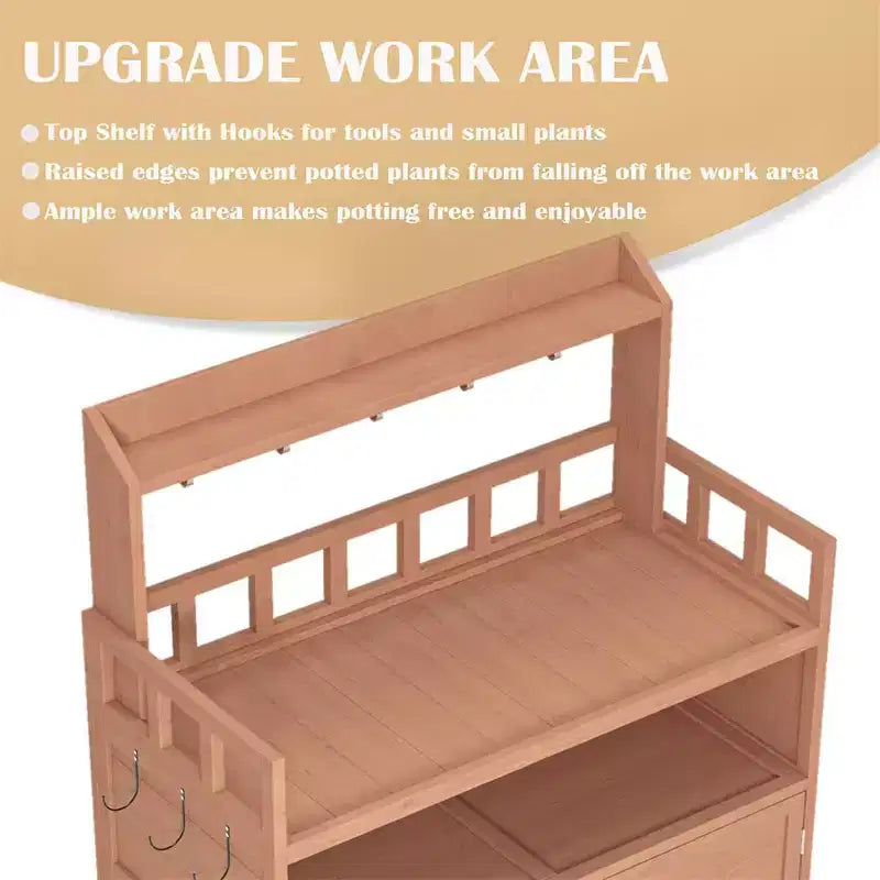 Outdoor Potting Bench Table, Garden Work Bench with 5 Hangers, Bottom Large Storage Cabinet, Top Shelves, Wooden Workstation Potting Table Brown