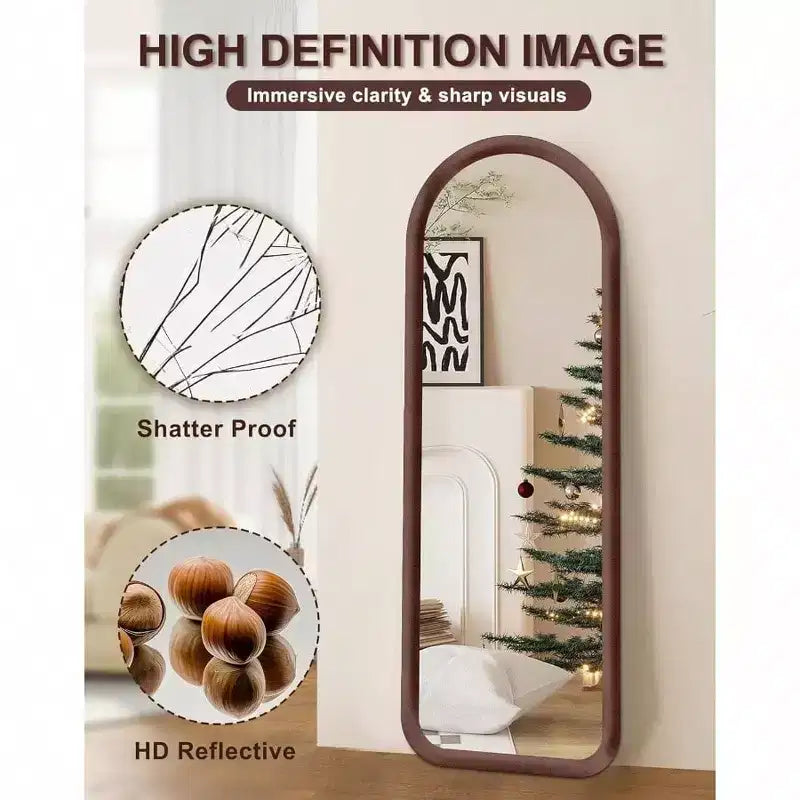 Arched Full Length Mirror with Plush Frame in Dark Brown. Freestanding, Ideal for Leaning or Hanging as Soft Decor