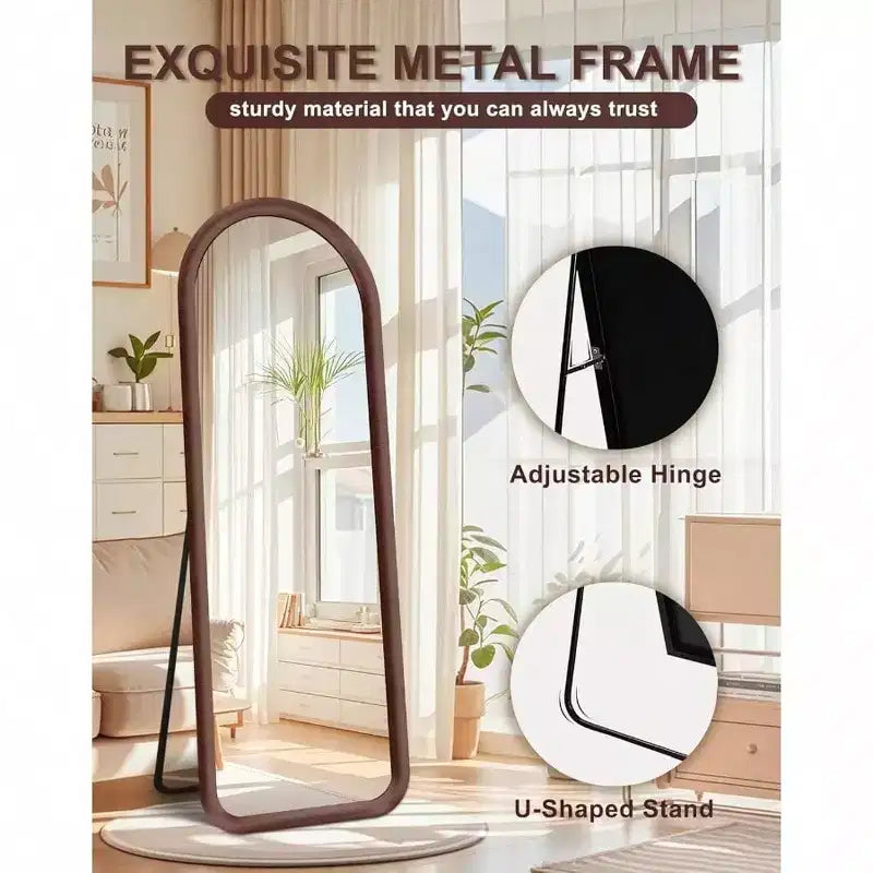 Arched Full Length Mirror with Plush Frame in Dark Brown. Freestanding, Ideal for Leaning or Hanging as Soft Decor
