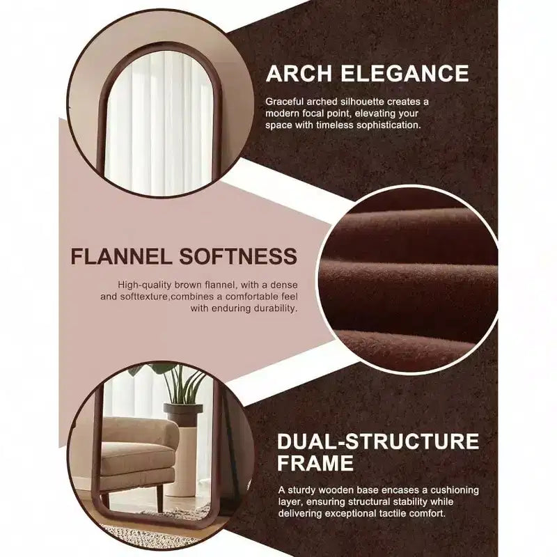 Arched Full Length Mirror with Plush Frame in Dark Brown. Freestanding, Ideal for Leaning or Hanging as Soft Decor