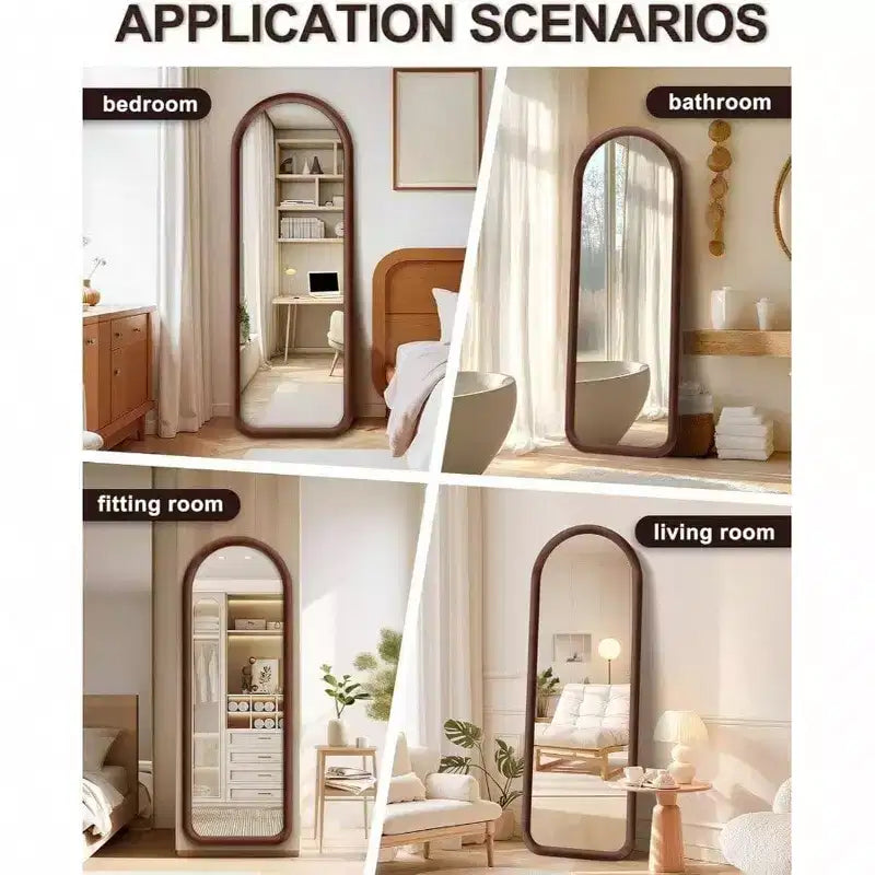 Arched Full Length Mirror with Plush Frame in Dark Brown. Freestanding, Ideal for Leaning or Hanging as Soft Decor