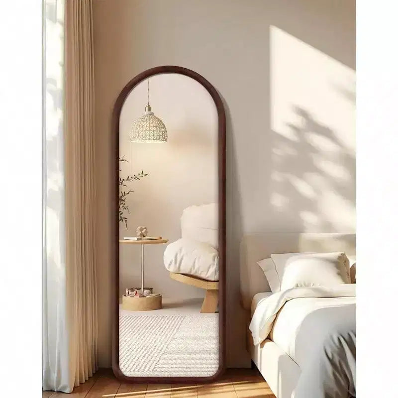 Arched Full Length Mirror with Plush Frame in Dark Brown. Freestanding, Ideal for Leaning or Hanging as Soft Decor