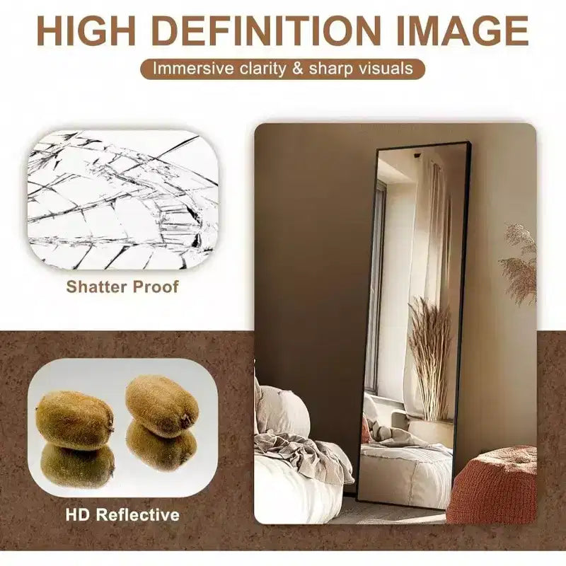 56x15 Black Full Length Mirror - Aluminum Frame & Stand. For Wall, Door, Bedroom, Bathroom, or Living Room