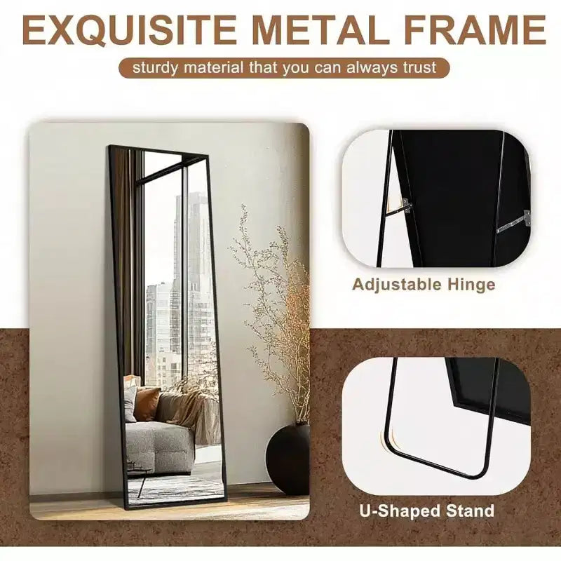 56x15 Black Full Length Mirror - Aluminum Frame & Stand. For Wall, Door, Bedroom, Bathroom, or Living Room