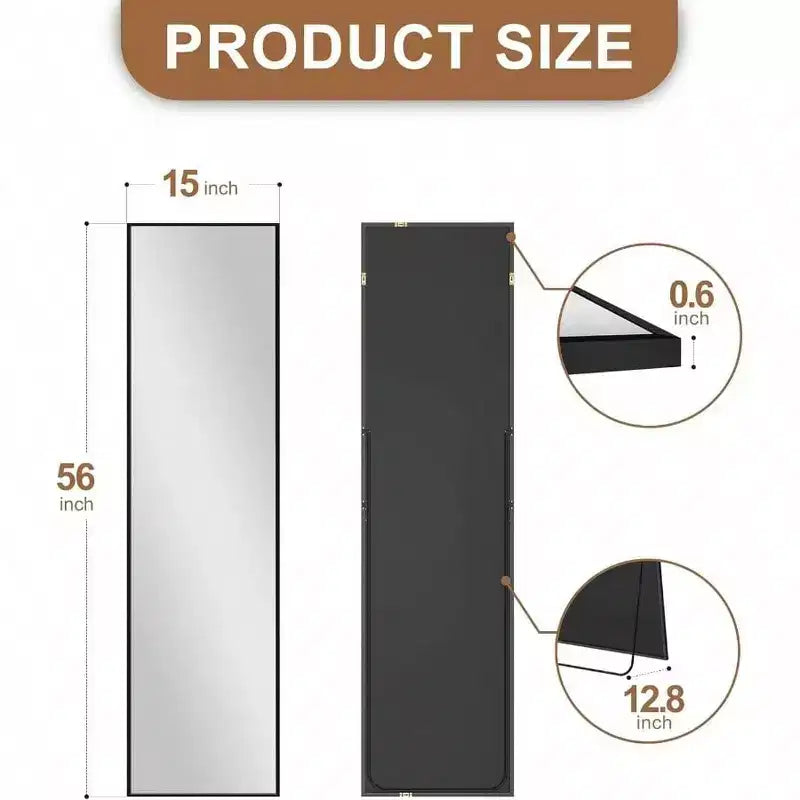 56x15 Black Full Length Mirror - Aluminum Frame & Stand. For Wall, Door, Bedroom, Bathroom, or Living Room