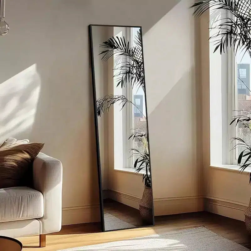 56x15 Black Full Length Mirror - Aluminum Frame & Stand. For Wall, Door, Bedroom, Bathroom, or Living Room