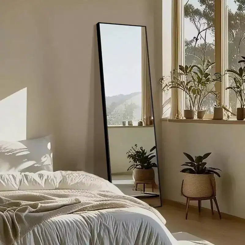 56x15 Black Full Length Mirror - Aluminum Frame & Stand. For Wall, Door, Bedroom, Bathroom, or Living Room