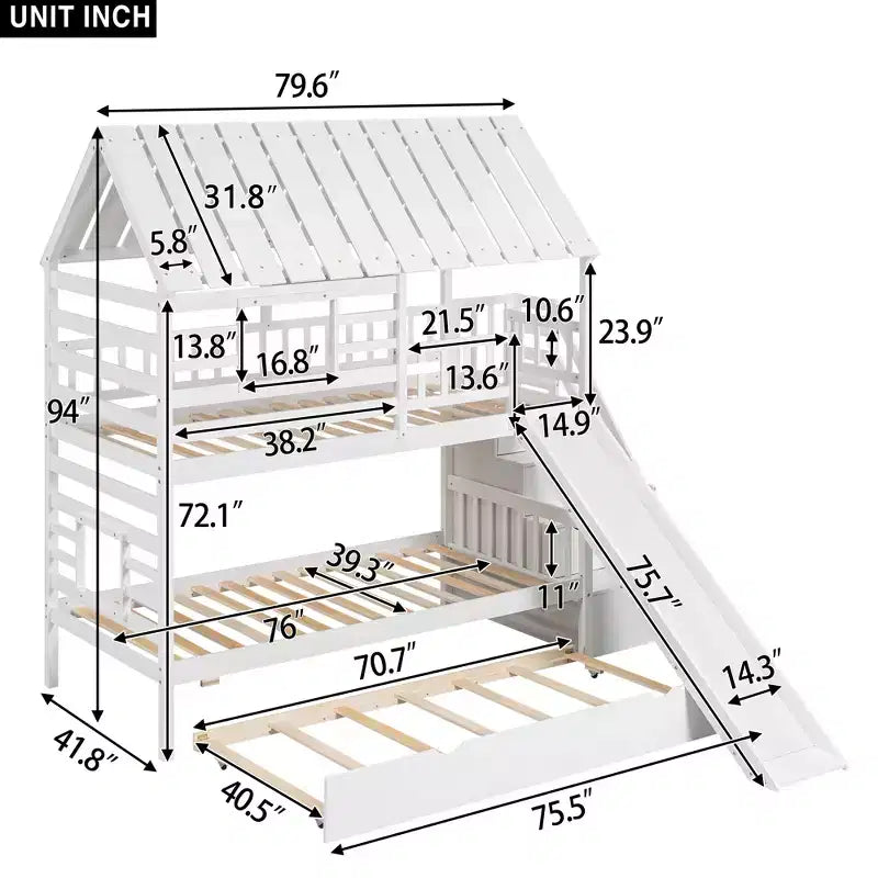 GDFStudio Wagner Wood House Bunk Bed with Trundle and Slide, Storage Staircase, Roof and Window Design