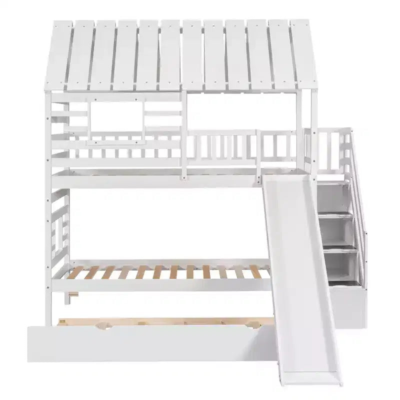 GDFStudio Wagner Wood House Bunk Bed with Trundle and Slide, Storage Staircase, Roof and Window Design